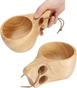 2pcs Wooden Camping Mug Kuksa Wood Camp Mug with Leather Lanyard Nordic Style Wood Drinking Cup Portable Hiking Tableware