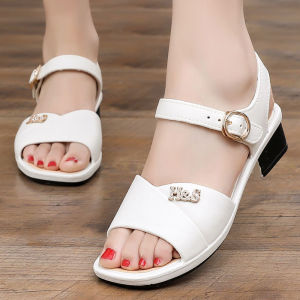 [Free Shipping] Chunky Heel Sandals for Women Comfortable Thick-Soled Square-Toed Shoes with Rhinestones Non-Slip and Wear-Resistant