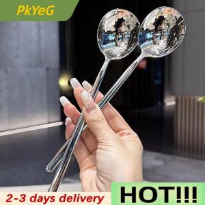 PkYeG Stainless Steel Spoon Korean Long Handle Tableware Thicken Stirring Ice Spoon Meal Spoon Household Dinner Spoon