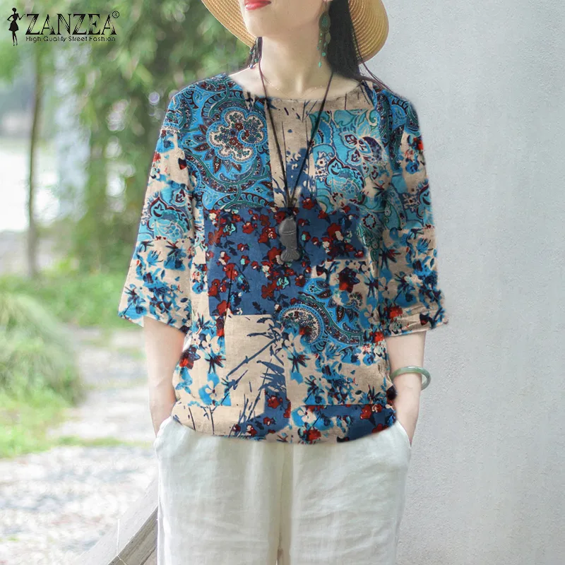 Yfashion Women Cotton Loose Shirt Plus Size Short Sleeves Tops Round Neck  Pullover Floral Printing Blouse color