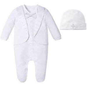 ชุดพิธีบัพติศมาสำหรับเด็กผู้ชายชุดทักซิโด้แบบสุภาพบุรุษสำหรับงานแต่งงานชุดทางการสีขาว0-9เดือนแขนยาวชุดคอกลมแต่งระบายเต็มตัวสำหรับทารกแรกเกิด