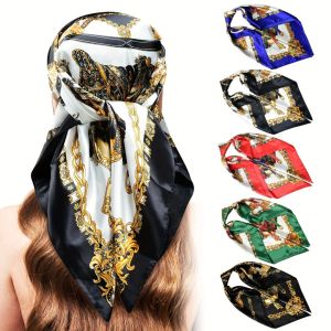 35" Chain Printed Square Scarf Imitation Silk Satin for women men Chest Windproof Warm Wrap Scarf Headscarf