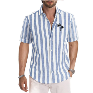 Mens Shirt Coconut Tree Stripe Print Lapel Blue Outdoor Street Short Sleeve Clothing Oversized Fashion Designer Casual Soft
