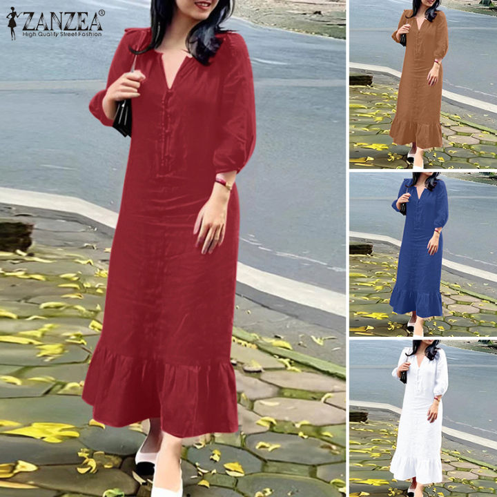 [3 Days Delivery] Esolo ZANZEA Womens 3/4 Sleeve V-Neck Midi Dresses ...