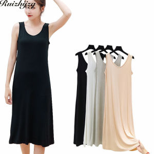 Ruizhijzg Plus Size Modal Cotton Womens Sleeveless Dress Summer Ladirs Girls Vest Skirts Male Daily Sleep Wear Casual Loose Long Fashion Night Sleepwear Dresses Round Neck V Neck T Shirts Dress