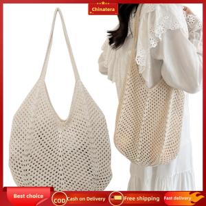 [Chinatera Malll]Women Knitting Shoulder Bag Solid Color Hollow Summer Bag Large Capacity Knitted Tote Handbag Female Outdoor Bag