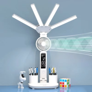JacqStore 5-in-1 Desk Lamp with Fan Switch 180 degree Adjustable Rotatable Light Night Temperature with Holder Pen Display