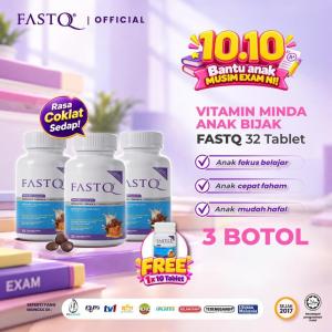 in stock FASTQ Supplement Minda Anak Bijak (32 tablet x 3 botol) Perisa Coklat Sedap Original HQ