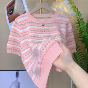 Womens striped knitted shirt summer new short sleeved t-shirt top