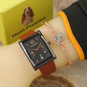 Box Exclusive Hush Puppies Persegi Panjang VA-789HA / Jam Tangan Fashion Wanita Tali Kulit Diameter 3cm