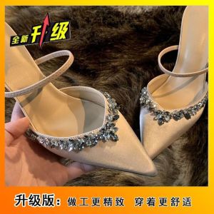 [Free Shipping] New Summer Collection: Satin Pointed-Toe Sandals With Rhinestone Embellishments Versatile For Both Casual And Formal Occasions In Beige With A Thin Heel