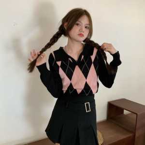 NHV Atasan Rajut Kotak kotak Blus Pollo Shirt Sweater Crop Top Wanita Lengan Panjang