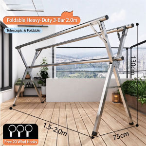 Foldable Extendable Stainless Steel Clothes Drying Rack 3 Pole Laundry Stand with Windproof Hooks for Balcony Outdoor