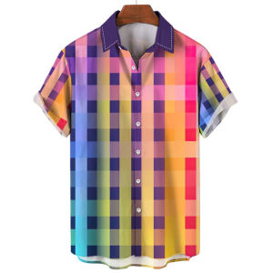 Hawaiian Shirt For Men Rainbow Colourful Plaid 3D Printed Mens Fashion Simple Man Shirt Short Sleeve