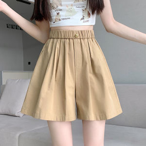 AMMIN กางเกงขาสั้นผ้าฝ้ายผ้าไอซ์ซิลค์สำหรับผู้หญิงใหม่กางเกงขาม้าพลีทลำลองทรงหลวมบางเอวสูงยางยืดสไตล์เกาหลีสำหรับฤดูร้อน2024