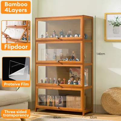 Bamboo Display Cabinet With Acrylic 3/4/5Layers 60/70/80CM Transparent Living Room Cabinet Shelf Organizer