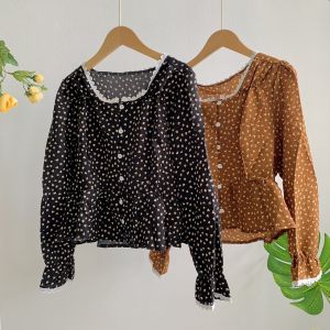 Chaisima เสื้อผู้หญิง เสื้อลายจุดน่ารัก เชิ้ตแขนยาว สไตล์วินเทจ เสื้อแฟชั่น กระเป๋าเกาหลี