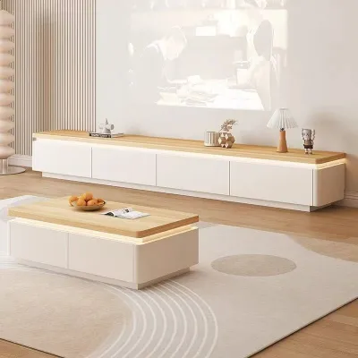Creamy Solid Wood Tv Console With Led light Tv Cabinet