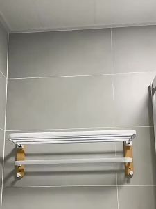 [SG Seller]Bathroom Solid wood bath towel shelf Washroom perforation-free folding double pole towel rack bathroom set