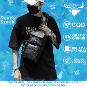 Tas Selempang Kulit Pria Distro Waterproof Warna Hitam Terbaru 2023 Atau Slingbag Kulit Bahu Cowok Keren Anti Air import berkualitas GLXI B01