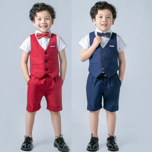ชุดสูทสุภาพบุรุษเด็กกางเกงขาสั้นเสื้อกั๊กลายทางสีพื้นใส่ฤดูร้อน ชุดทางการสำหรับปาร์ตี้ งานชุด 4ชิ้น เสื้อผ้าเด็ก 2-14ปี คุณภาพและสามารถแสดงได้เกิดเบา ช่วยเพิ่มความสวยงามและความมั่นใจในตัวเอง