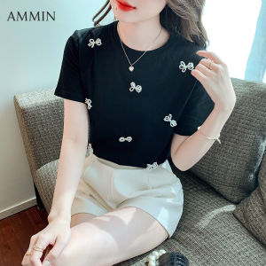 AMMIN Korean style ladies beaded embroidered white short-sleeved t-shirt 2022 summer new design fashion loose all-match cotton top