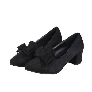 Free Shipping New Fashionable High-Heeled Shoes For Women Round Toe Medium Heel Chunky Heel Shallow Mouth Suede With A Bow Slip-On Style Available In Larger Sizes
