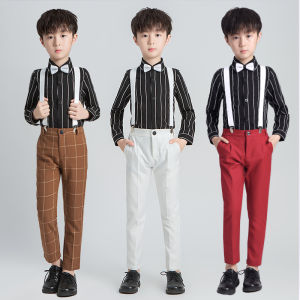 lontakids 2-14 Years Kids Boys Formal Suit Black Stripe Shirt + Bow Tie + Suspender+ Pants Wedding Birthday Toddler Gentleman Clothes Set