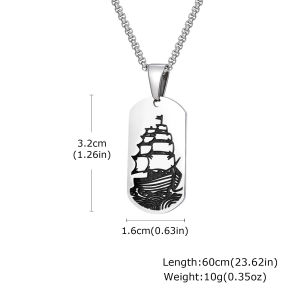 Kemstone Mens Stainless Steel Rectangle Pendant Necklace with Black Etched Wave and Sailboat