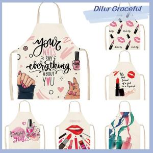 Ditur Nail Polish Lipstick Beauty Kitchen Women Apron Household Cleaning Flax Pinafore Salon Home Cooking Baking Adult Bib