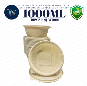 ECO KING 10PCS CORNSTARCH ROUND BOWL 500ML 700ML 1000ML 1500ML WITH LID BIODEGRADABLE DISPOSABLE