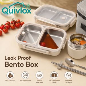 Quivlox 304 Stainless Steel Leak Proof Insulated Bento Lunch Box Reusable Food Container With Soup Bowl Microwave Bag For Office Use