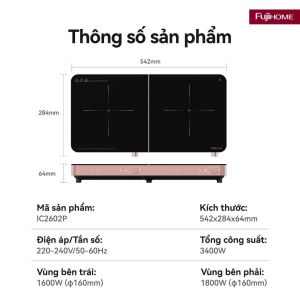 Bếp từ đôi Fujihome IC2602S Nhập Khẩu 3400W bếp từ dương điều khiển cảm ứng núm vặn mặt kính cao cấp chịu nhiệt