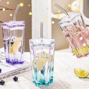 300ml Five-Pointed Star Glass Cup With Straw Color Gradient Cups Cold Drink Cup Coffee With Lid Drinking Cup Drinkware2026