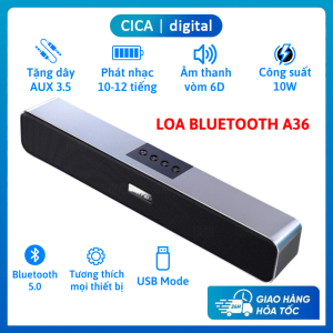 Loa bluetooth A36 PRO bass mạnh tặng kèm dây AUX 3.5 Âm thanh vòm 6D Pin sử dụng 10-12 giờ liên tục Công suất 10W Bluetooth 5.0 Bảo hành 24 tháng