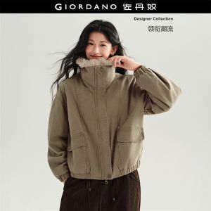 GIORDANO Women Jackets Detachable Faux Fur Collar Jackets Flap Pockets Fashionable Casual Loose Padded Jackets 18376918