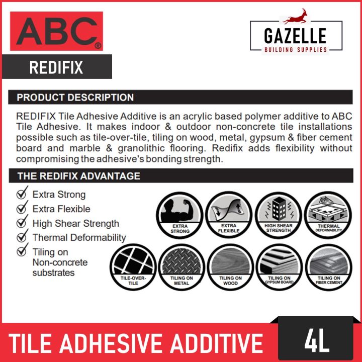 ABC Redifix Tile Adhesive Additive for Indoor & Outdoor Non-Concrete ...