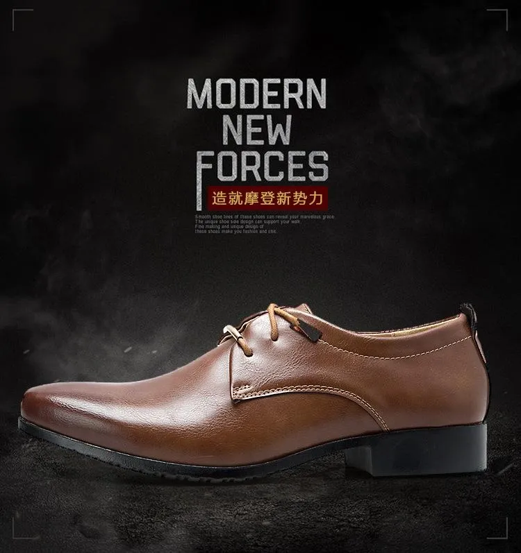 New Men Brown Leather Dress Shoes Lace-up Pointed Toe Flat Fashion