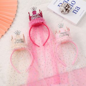 REEBO Creative Photo Props Head Hoop Crown Headwear Sequin Hair Decor Mesh Happy Birthday Korean Style Headband Girls Hair Hoop Birthday Hairband Hair Accessories