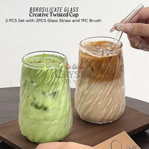 Crystal House Aesthetic 2Pieces Set Twisted Design Borosilicate Glass Cup with Glass Straw and Brush Heat Cold Resistant