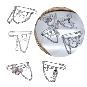 Minimalist Five-Pointed Star Brooch Round Bead Design Lapel Pin One Buckle Double Chains for Shoelace Men Suit Accessory