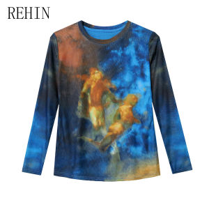 Rehin Áo thun ôm vừa cổ tròn tay dài lưới hoa thời trang mới màu xanh dương thu/Đông Áo nữ thanh lịch