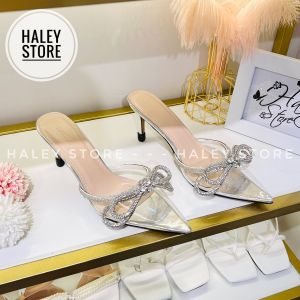 Giày sục nơ xoàn vip đen HALEY STORE cao gót 7cm quai đính nơ xoàn đá pha lê mũi nhọn công chúa tiểu thư cô dâu đi tiệc