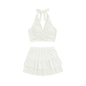 เซ็ต2ชิ้น สีพื้น เสื้อคล้องคอ แต่งลูกไม้ สีพื้น อกสม็อคยางยืด+กระโปรงกางเกง เอวยางยืด ระบายสองชั้น ผ้าร่องโพลิเอสเตอร์ ชุดไปปาร์ตี้ #2115