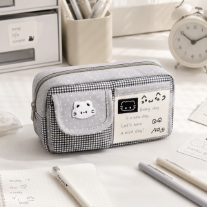 MIIQNUS Durable Cartoon Pencil Case Large Capacity Multi Pocket Stationery Bag Simple Wear-Resistant Canvas Cat Pen Bag Daily Use