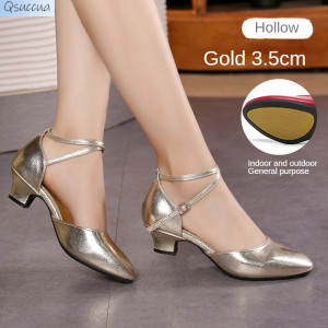 Latin For Female Adults Medium High Heels Soft Soled Square Cowhide Dance Shoes
