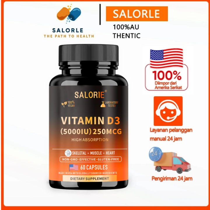 Vitamin D3 5000 IU meningkatkan penyerapan kalsium, mendukung kesehatan tulang, 60 kapsul.
