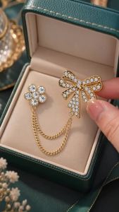Rhinestone Double Chain Brooch Pin Set Crystal Butterfly Flower Heart Bow Designs Two Piece Lapel Pin Fashion Jewelry Clothing Accessory