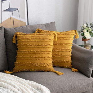 Boho ปลอกหมอนอิงพร้อมพู่ตกแต่ง Macrame ปลอกหมอนสําหรับเตียงโซฟาเก้าอี้โซฟาตกแต่งบ้านโบฮีเมียนสองด้านลายโยนปลอกหมอนสแควร์ตกแต่ง