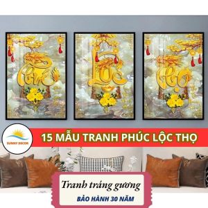 SET 3 Tranh Phúc Lộc Thọ Treo Tường Phòng Khách/ Tranh Tráng Gương Cao Cấp/ Quà Tặng Tân Gia/ Tết